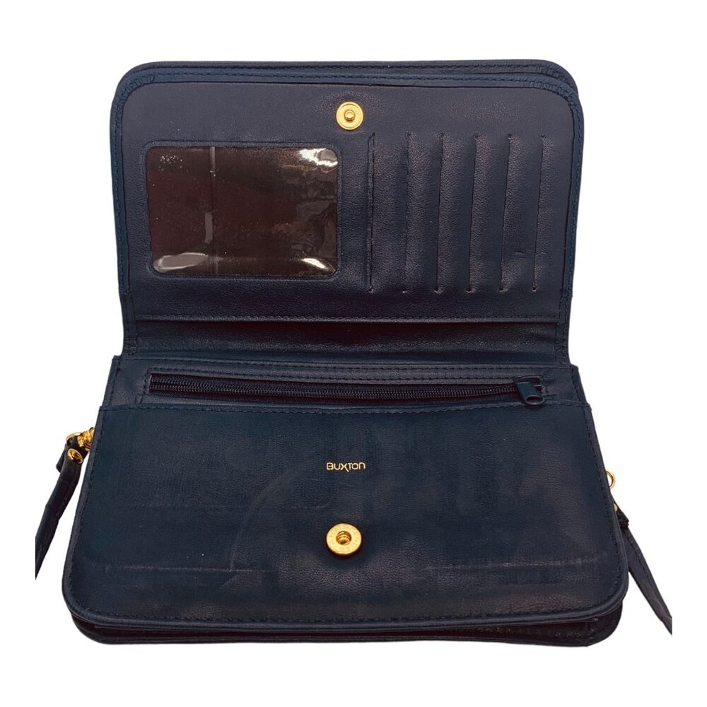 Buxton Cross Body Purse Wallet Navy Leather Travel Organizer Card Holder